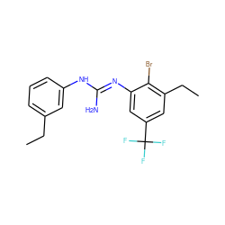 CCc1cccc(N/C(N)=N/c2cc(C(F)(F)F)cc(CC)c2Br)c1 ZINC000096903182