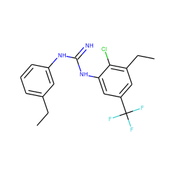 CCc1cccc(NC(=N)Nc2cc(C(F)(F)F)cc(CC)c2Cl)c1 ZINC000027431092