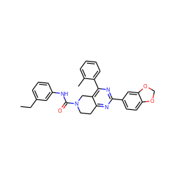 CCc1cccc(NC(=O)N2CCc3nc(-c4ccc5c(c4)OCO5)nc(-c4ccccc4C)c3C2)c1 ZINC000071334440