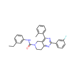 CCc1cccc(NC(=O)N2CCc3nc(-c4cccc(F)c4)nc(-c4ccccc4C)c3C2)c1 ZINC000071342049