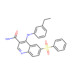 CCc1cccc(Nc2c(C(N)=O)cnc3ccc(S(=O)(=O)c4ccccc4)cc23)c1 ZINC000045283609