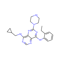 CCc1ccccc1Nc1nc(N2CCNCC2)nc2c(NCC3CC3)ncnc12 ZINC000084596649