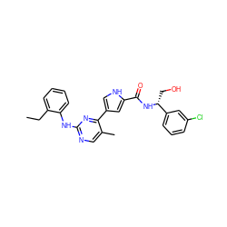 CCc1ccccc1Nc1ncc(C)c(-c2c[nH]c(C(=O)N[C@H](CO)c3cccc(Cl)c3)c2)n1 ZINC000045261487