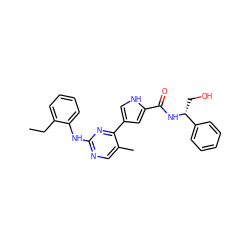 CCc1ccccc1Nc1ncc(C)c(-c2c[nH]c(C(=O)N[C@H](CO)c3ccccc3)c2)n1 ZINC000045288590