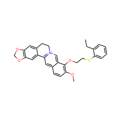 CCc1ccccc1SCCOc1c(OC)ccc2cc3[n+](cc12)CCc1cc2c(cc1-3)OCO2 ZINC000096283243