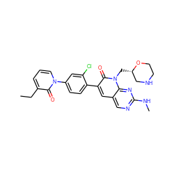 CCc1cccn(-c2ccc(-c3cc4cnc(NC)nc4n(C[C@H]4CNCCO4)c3=O)c(Cl)c2)c1=O ZINC000653899299