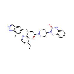 CCc1ccnc([C@H](CC(=O)N2CCC(N3Cc4ccccc4NC3=O)CC2)Cc2cc(C)c3[nH]ncc3c2)c1 ZINC000084596556