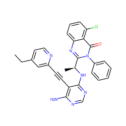 CCc1ccnc(C#Cc2c(N)ncnc2N[C@@H](C)c2nc3cccc(Cl)c3c(=O)n2-c2ccccc2)c1 ZINC000219063625