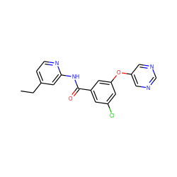 CCc1ccnc(NC(=O)c2cc(Cl)cc(Oc3cncnc3)c2)c1 ZINC000096938958