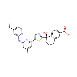 CCc1ccnc(Nc2cc(C)cc(-c3cnc([C@@]4(O)CCCc5cc(C(=O)O)ccc54)s3)n2)c1 ZINC000141825462