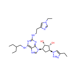 CCc1cn([C@H]2C[C@@H](n3cnc4c(NCC(CC)CC)nc(NCCc5cn(CC)cn5)nc43)[C@H](O)[C@@H]2O)nn1 ZINC000049763181