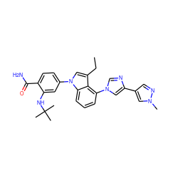 CCc1cn(-c2ccc(C(N)=O)c(NC(C)(C)C)c2)c2cccc(-n3cnc(-c4cnn(C)c4)c3)c12 ZINC000222994207