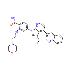 CCc1cn(-c2ccc(C(N)=O)c(NCCN3CCOCC3)c2)c2nccc(-c3cnc4ccccc4c3)c12 ZINC000169241161