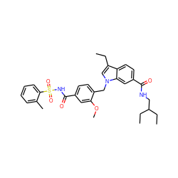 CCc1cn(Cc2ccc(C(=O)NS(=O)(=O)c3ccccc3C)cc2OC)c2cc(C(=O)NCC(CC)CC)ccc12 ZINC000027330245