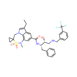 CCc1cn2c3c(cc(C(=O)N[C@@H](Cc4ccccc4)[C@H](O)CNCc4cccc(C(F)(F)F)c4)cc13)N(C)S(=O)(=O)C1(CC1)C2 ZINC000219202631