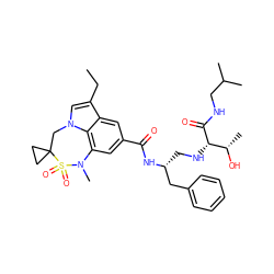 CCc1cn2c3c(cc(C(=O)N[C@H](CN[C@H](C(=O)NCC(C)C)[C@H](C)O)Cc4ccccc4)cc13)N(C)S(=O)(=O)C1(CC1)C2 ZINC000095575219