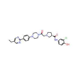 CCc1cnc(-c2ccc(N3CCN(C(=O)CN4CC[C@@H](C(=O)Nc5ccc(O)c(Cl)c5)C4)CC3)cc2)nc1 ZINC000138505281