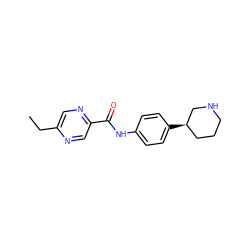 CCc1cnc(C(=O)Nc2ccc([C@@H]3CCCNC3)cc2)cn1 ZINC000117721475