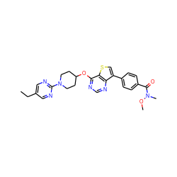 CCc1cnc(N2CCC(Oc3ncnc4c(-c5ccc(C(=O)N(C)OC)cc5)csc34)CC2)nc1 ZINC001772657334