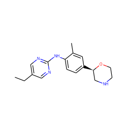 CCc1cnc(Nc2ccc([C@@H]3CNCCO3)cc2C)nc1 ZINC000149981727