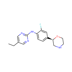 CCc1cnc(Nc2ccc([C@@H]3CNCCO3)cc2F)nc1 ZINC000149984297