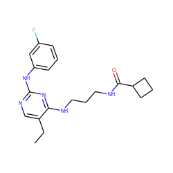 CCc1cnc(Nc2cccc(F)c2)nc1NCCCNC(=O)C1CCC1 ZINC000095560908