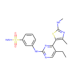 CCc1cnc(Nc2cccc(S(N)(=O)=O)c2)nc1-c1sc(NC)nc1C ZINC000095604147