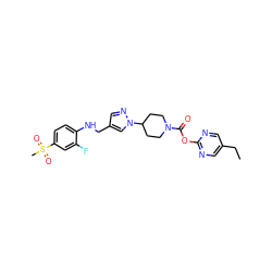 CCc1cnc(OC(=O)N2CCC(n3cc(CNc4ccc(S(C)(=O)=O)cc4F)cn3)CC2)nc1 ZINC000095594724