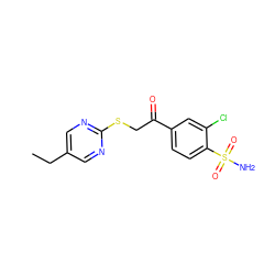 CCc1cnc(SCC(=O)c2ccc(S(N)(=O)=O)c(Cl)c2)nc1 ZINC000096940242