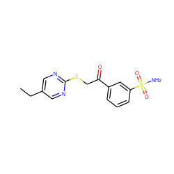 CCc1cnc(SCC(=O)c2cccc(S(N)(=O)=O)c2)nc1 ZINC000096940243