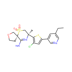 CCc1cncc(-c2cc(Cl)c([C@]3(C)CS(=O)(=O)[C@@]4(CCOC4)C(N)=N3)s2)c1 ZINC000217752055