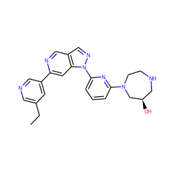 CCc1cncc(-c2cc3c(cn2)cnn3-c2cccc(N3CCNC[C@@H](O)C3)n2)c1 ZINC000210420107