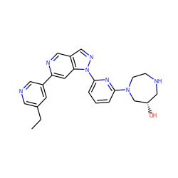 CCc1cncc(-c2cc3c(cn2)cnn3-c2cccc(N3CCNC[C@H](O)C3)n2)c1 ZINC000211030487