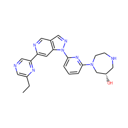 CCc1cncc(-c2cc3c(cn2)cnn3-c2cccc(N3CCNC[C@H](O)C3)n2)n1 ZINC000211050479