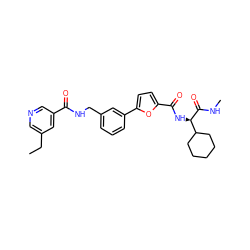 CCc1cncc(C(=O)NCc2cccc(-c3ccc(C(=O)N[C@@H](C(=O)NC)C4CCCCC4)o3)c2)c1 ZINC000058592770