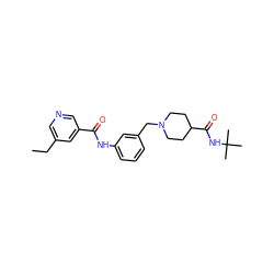 CCc1cncc(C(=O)Nc2cccc(CN3CCC(C(=O)NC(C)(C)C)CC3)c2)c1 ZINC001772619181