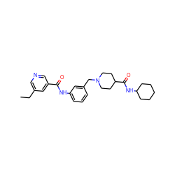 CCc1cncc(C(=O)Nc2cccc(CN3CCC(C(=O)NC4CCCCC4)CC3)c2)c1 ZINC000210638611