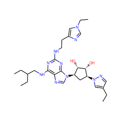 CCc1cnn([C@H]2C[C@@H](n3cnc4c(NCC(CC)CC)nc(NCCc5cn(CC)cn5)nc43)[C@H](O)[C@@H]2O)c1 ZINC000049761774