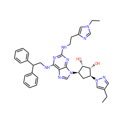 CCc1cnn([C@H]2C[C@@H](n3cnc4c(NCC(c5ccccc5)c5ccccc5)nc(NCCc5cn(CC)cn5)nc43)[C@H](O)[C@@H]2O)c1 ZINC000049762828