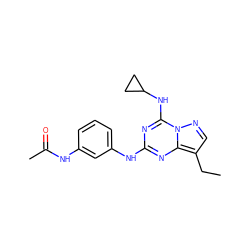 CCc1cnn2c(NC3CC3)nc(Nc3cccc(NC(C)=O)c3)nc12 ZINC000028707982