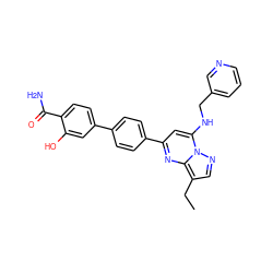 CCc1cnn2c(NCc3cccnc3)cc(-c3ccc(-c4ccc(C(N)=O)c(O)c4)cc3)nc12 ZINC001772627982