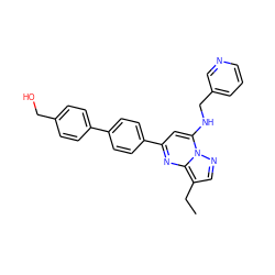 CCc1cnn2c(NCc3cccnc3)cc(-c3ccc(-c4ccc(CO)cc4)cc3)nc12 ZINC001772605566