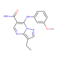 CCc1cnn2c(Nc3cccc(OC)c3)c(C(N)=O)cnc12 ZINC000653782735