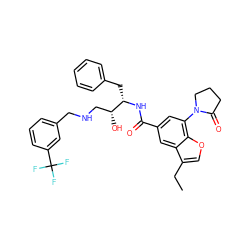 CCc1coc2c(N3CCCC3=O)cc(C(=O)N[C@@H](Cc3ccccc3)[C@H](O)CNCc3cccc(C(F)(F)F)c3)cc12 ZINC000044305790