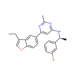 CCc1coc2ccc(-c3cc(N[C@@H](C)c4cccc(Br)c4)nc(C)n3)cc12 ZINC000205830728