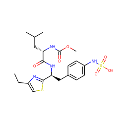 CCc1csc([C@H](Cc2ccc(NS(=O)(=O)O)cc2)NC(=O)[C@H](CC(C)C)NC(=O)OC)n1 ZINC000114391216