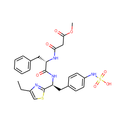 CCc1csc([C@H](Cc2ccc(NS(=O)(=O)O)cc2)NC(=O)[C@H](Cc2ccccc2)NC(=O)CC(=O)OC)n1 ZINC000140431264