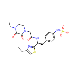 CCc1csc([C@H](Cc2ccc(NS(=O)(=O)O)cc2)NC(=O)CN2CCN(CC)C(=O)C2=O)n1 ZINC000113898021