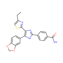 CCc1csc(-c2nc(-c3ccc(C(N)=O)cc3)[nH]c2-c2ccc3c(c2)OCO3)n1 ZINC000073311419