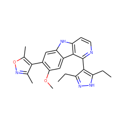 CCc1n[nH]c(CC)c1-c1nccc2[nH]c3cc(-c4c(C)noc4C)c(OC)cc3c12 ZINC000224873368